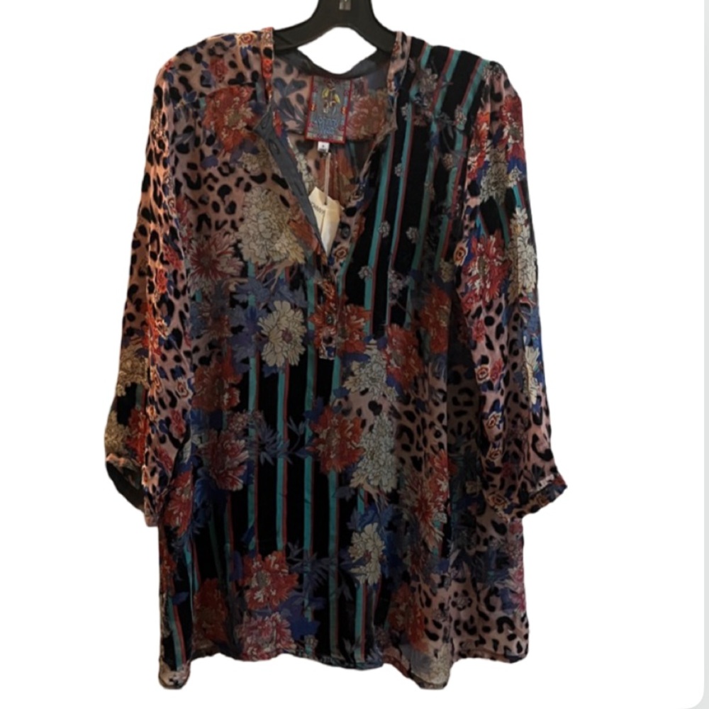 NWT Floral Stripe Mixed-Print V-Neck Tunic Top - Blue Multi Size S - Picture 8 of 11